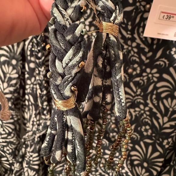 NWT Zara Green Printed Button Down Dress Braided Self Belt Elastic Sleeves LARGE - Picture 10 of 15